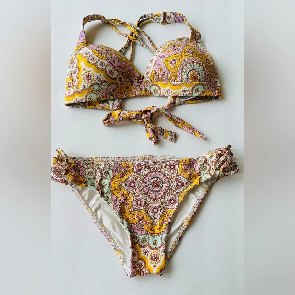 Luli Fama Yellow Alhambra 2 piece Bikini Molded Push Up Bandeau Halter Small